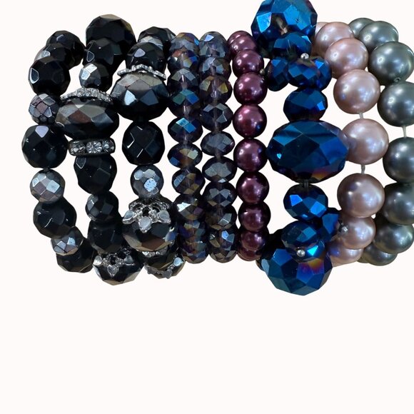 Set Of 9 Beaded Stretch Bracelets In Black Purple & Blue With Rhinestone Accents - Picture 2 of 7